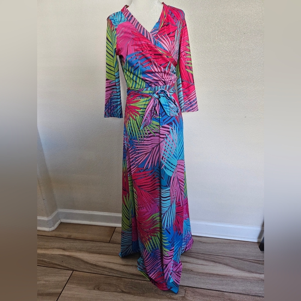 Tropical Women's Multicolor Palm Print Faux Wrap Maxi Dress Size M. - Picture 4 of 13